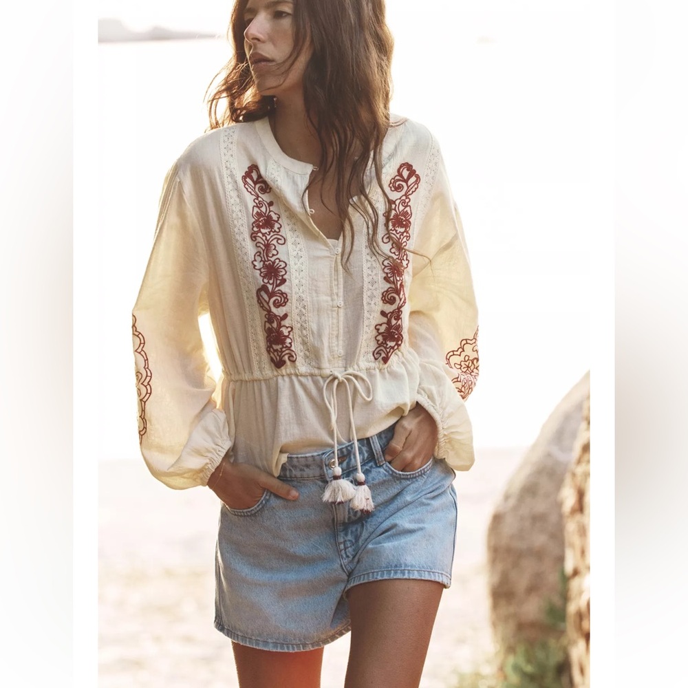 ZARA SS25 NWT Embroidered Drawstring Blouse In Organic Cotton Size XL